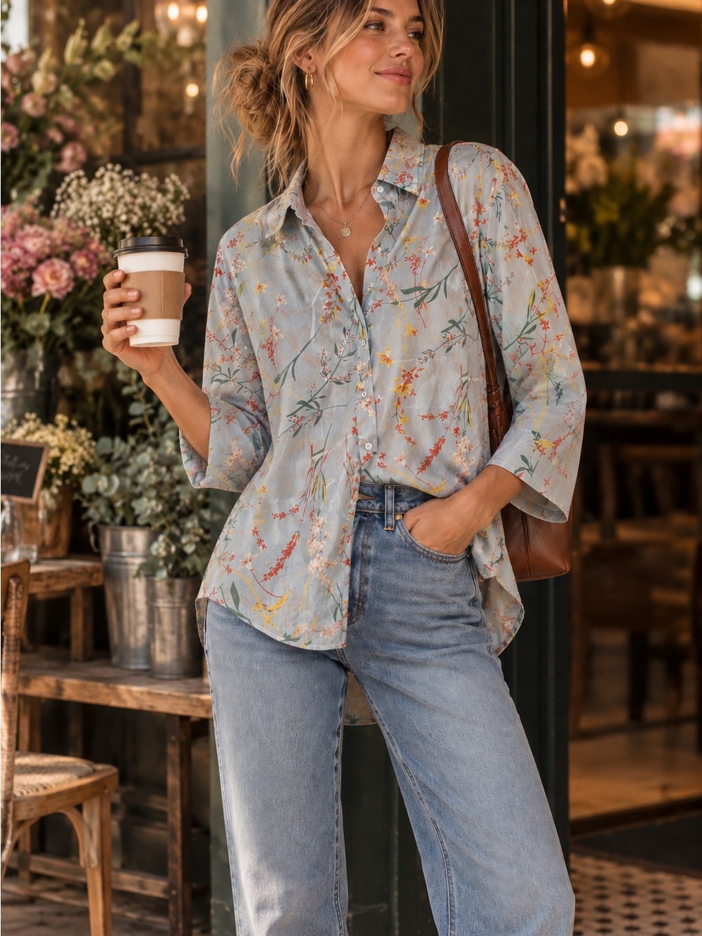 Cupio Women’s Large Blue Floral Button-Up High-Low Blouse NWT